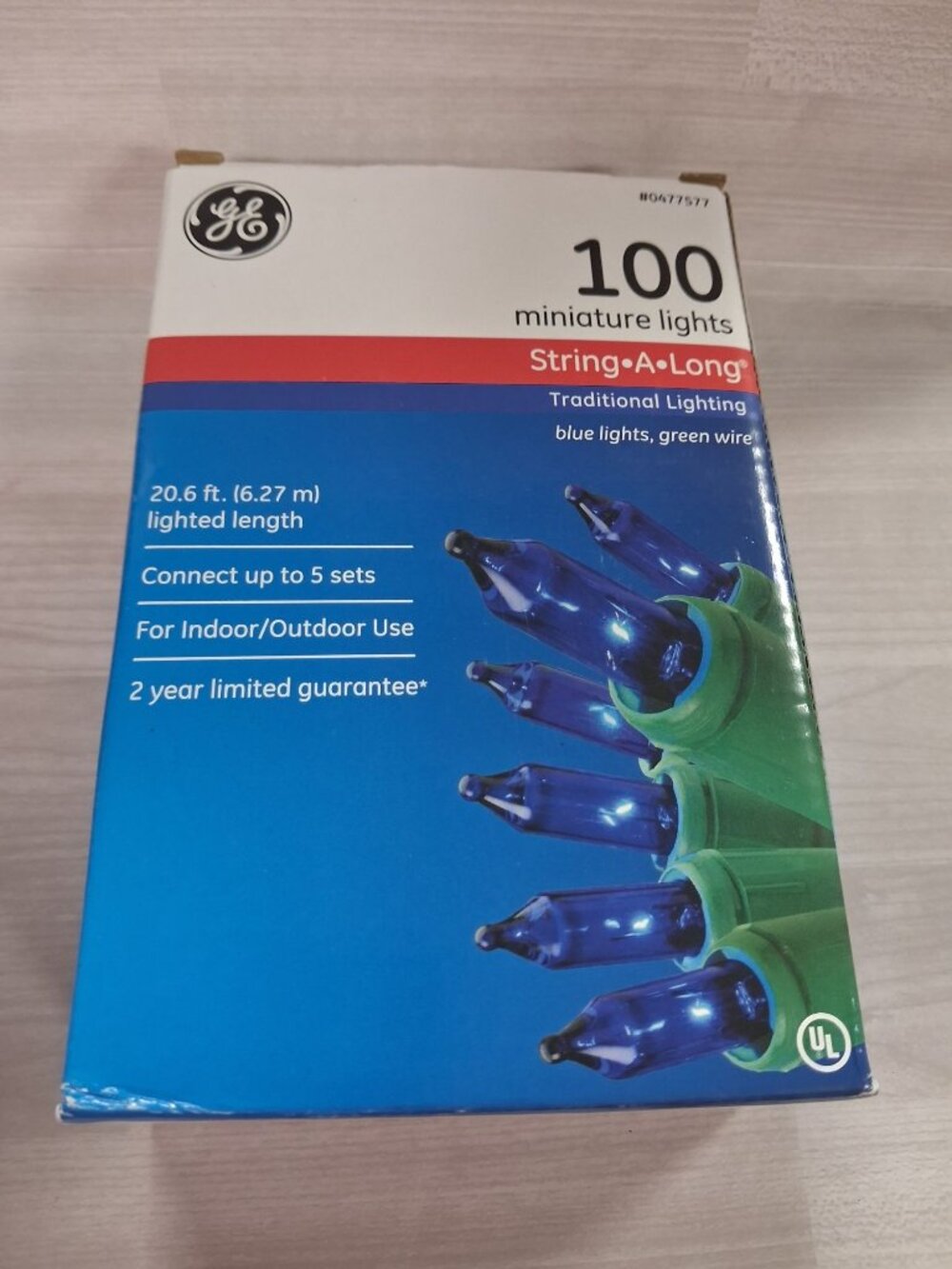GE 100 Miniature Lights String-A-Long Blue Lights Green Wire NEW